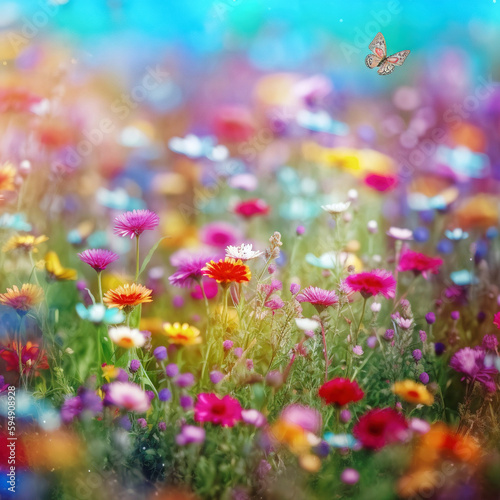 A beautiful field of colorful flowers with butterflies  bokeh - generative AI