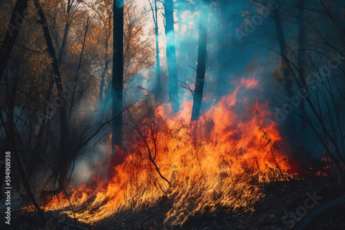 Fire in the forest, flames burning the field. Global warming and drought concept. generate by ai
