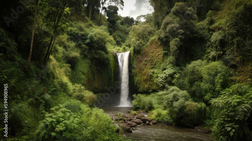 A view of a waterfall surrounded by lush greenery (Generative AI)