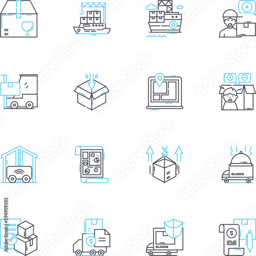 Cargo delivery linear icons set. Logistics, Shipping, Freight, Transportation, Dispatch, Shipment, Hauling line vector and concept signs. Delivery,Export,Import outline illustrations