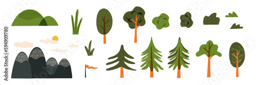 National park, nature landscape creator. Cute nature elements set. Vector plants, trees, mountains, sun, and clouds.