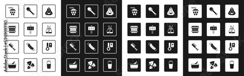 Set Sauna hat, bucket, Shower, Aroma diffuser, ladle, thermometer and brush icon. Vector