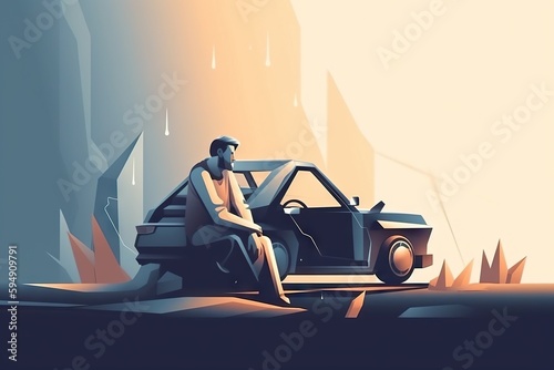 A Man Sitting In A Car In A Desert Area With A Mountain In The Background Gas Station Digital Art Digital Illustration Generative AI