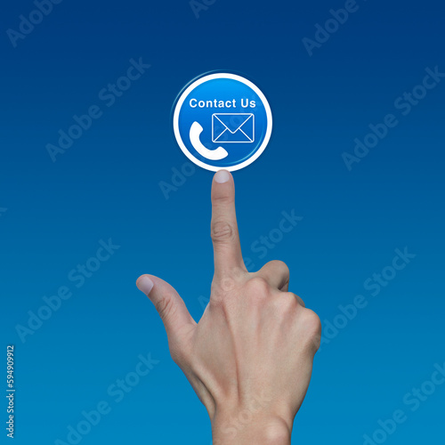 Hand pressing telephone and email icon button over light blue background, Business contact us and customer service concept