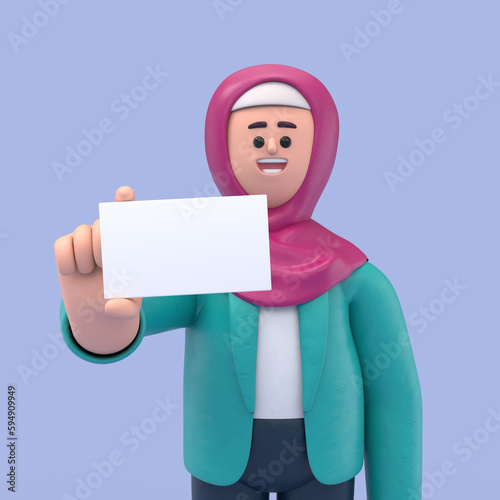 3D illustration of smiling Arab women Ghaliyah showing a blank business card.3D rendering on blue background.
 photo