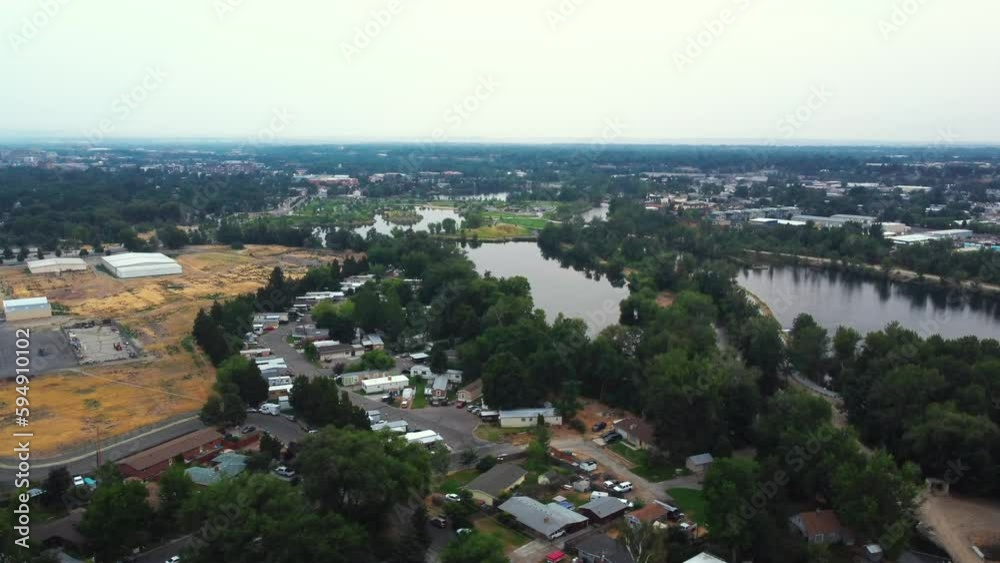 Aerial View Of Creek, Boise Cascade Lake, And Boise River From Veterans Memorial Park In Idaho. Aerial View Of Creek, Boise Cascade Lake, And Boise River From Veterans Memorial Park In Idaho.