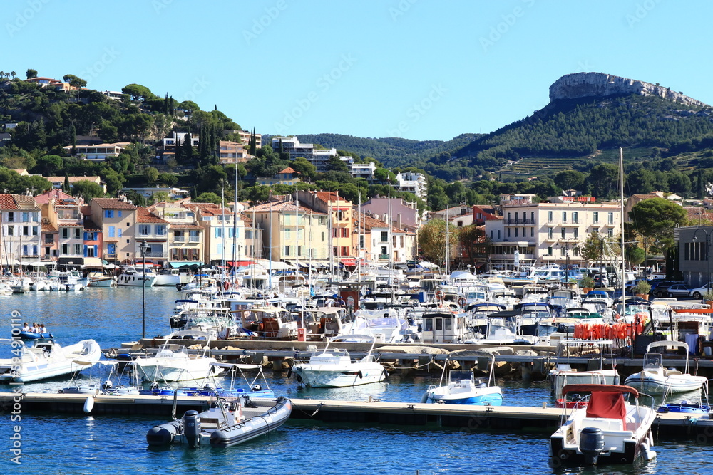 beautiful coastline view port and houses mountains Casis, France, Cote Dazur, French Riviera