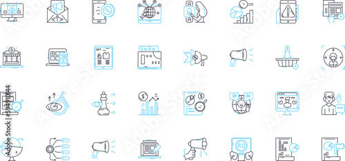 Online media linear icons set. Digital, Web, Streaming, Viral, Social, Interactive, Multimedia line vector and concept signs. Content,Nerk,Cyber outline illustrations