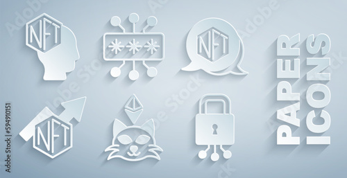 Set NFT Digital crypto art, growth bar chart, Cyber security, and icon. Vector