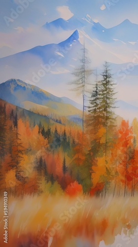 Watercolor mountain autumn landscape with snowy peaks. Panorama. Generative AI.