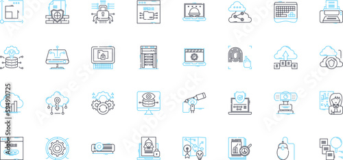 Data management linear icons set. Organization, Storage, Retrieval, Analysis, Governance, Security, Manipulation line vector and concept signs. Integration,Optimization,Backup outline illustrations