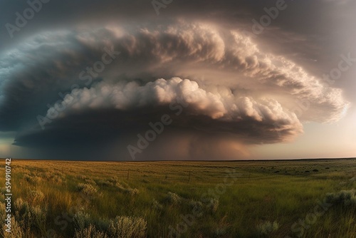 Panoramic view of a supercell thunderstorm. Generative AI