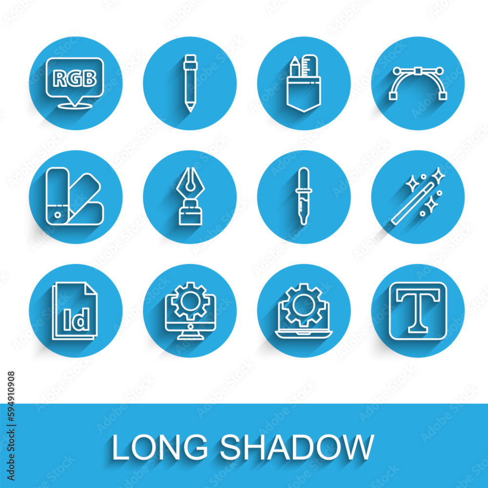 Set line ID File document, Computer monitor and gear, Speech bubble with RGB CMYK, Laptop, Text, Fountain pen nib, Magic wand and Pipette icon. Vector Set line ID File document, Computer monitor and gear, Speech bubble with RGB CMYK, Laptop, Text, Fountain pen nib, Magic wand and Pipette icon. Vector