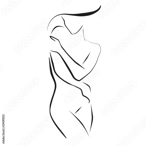 Trendy Line Art Drawing of Woman Body. Female Figure Nude Body Line Art Vector Illustration for Wall Decor, Spa, T-shirt, Print, Poster. Female Naked Figure Creative Drawing in Modern Linear Style
