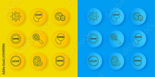 Set line Corona virus 2019-nCoV, covid-19, Virus under magnifying glass, Shield protecting from, and icon. Vector