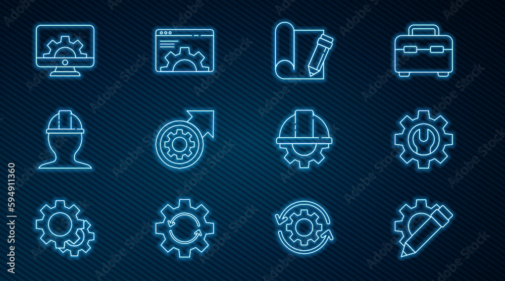 Set line Pencil and gear, Wrench spanner, Graphing paper pencil, Gear arrows as workflow process, Worker safety helmet, Computer monitor, and Browser setting icon. Vector Set line Pencil and gear, Wrench spanner, Graphing paper pencil, Gear arrows as workflow process, Worker safety helmet, Computer monitor, and Browser setting icon. Vector