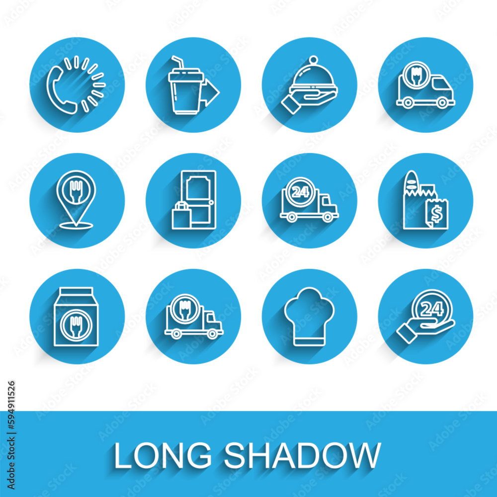 Set line Online ordering and delivery, Fast by car, Food, Chef hat, Clock 24 hours, and icon. Vector Set line Online ordering and delivery, Fast by car, Food, Chef hat, Clock 24 hours, and icon. Vector