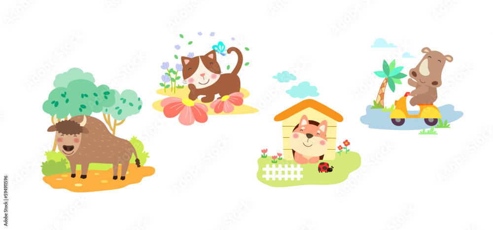 Set of cute animal character with bull, cat, dog and rhinoceros, coloring page. Set of cute animal character with bull, cat, dog and rhinoceros, coloring page.