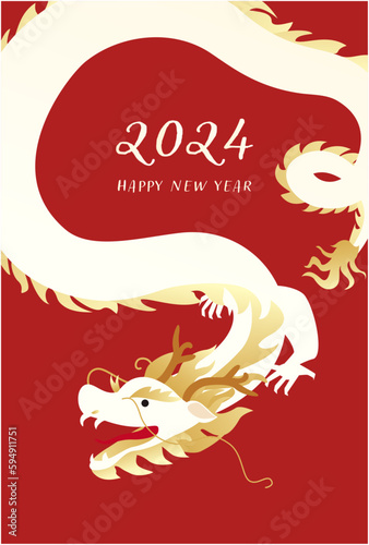 紅白な辰と2024年辰年の年賀状テンプレート(ベクターイラスト)