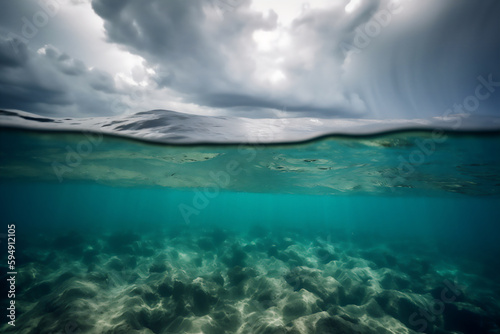 Underwater image of a beautiful storm over tropical sea at sunset. Nature landscape background. Generative AI