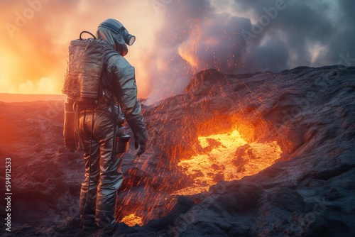 A Man In A Space Suit Standing On A Lava Covered Mountain Volcano Photorealism Mining Generative AI