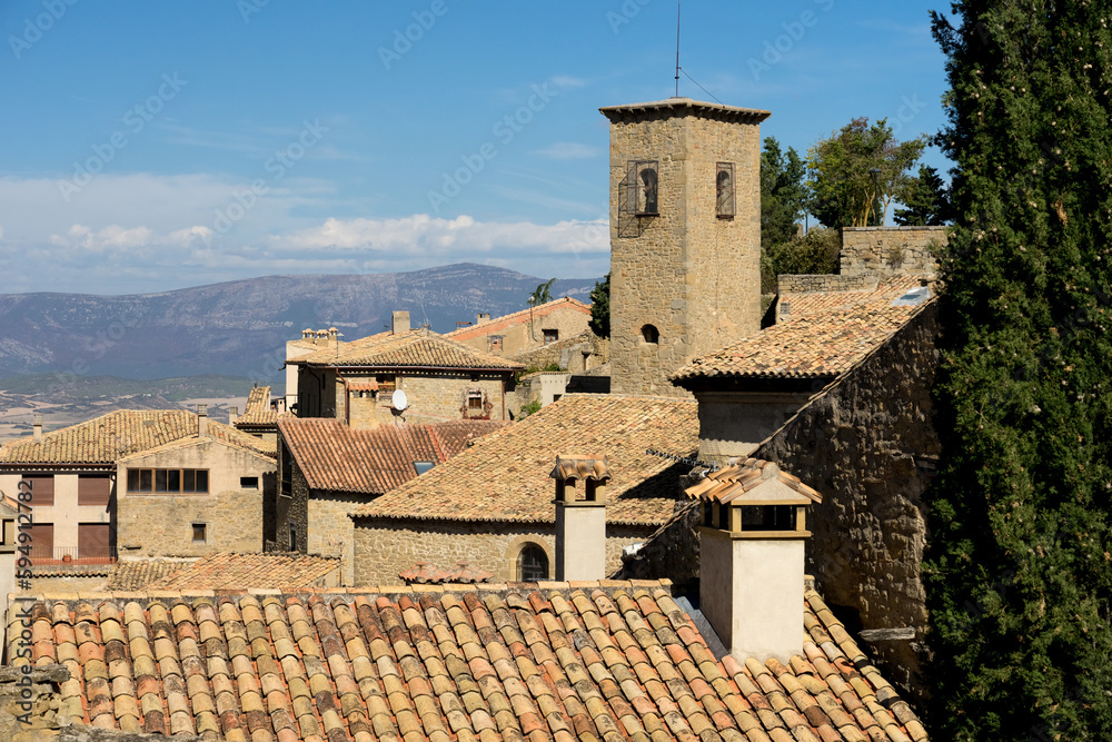 View of the beautiful medieval village of Sos del Rey Catolico with its churches in a sunny day, Huesca province, Aragon, Spain.
