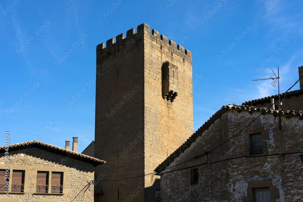 Defense medieval tower in the beautiful village of Sos del Rey Catolico, Huesca province, Aragon, Spain.