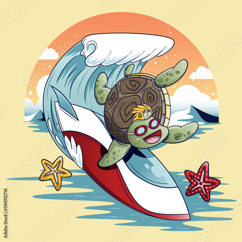 Photography Cute turtle cartoon surfing with surfboard and starfish