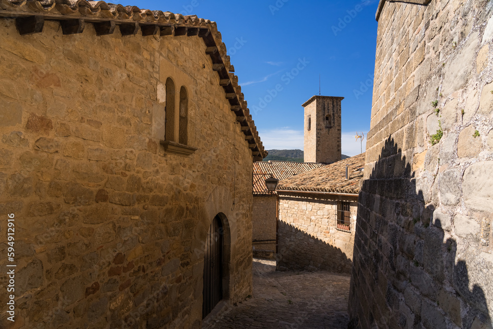 Typical street in the old town of the medieval village of Sos del Rey Catolico, Huesca province, Aragon, Spain.