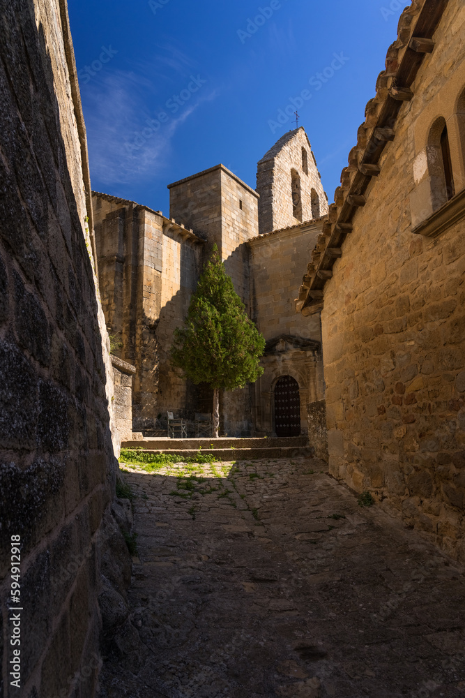 View of the beautiful medieval village of Sos del Rey Catolico with its churches in a sunny day, Huesca province, Aragon, Spain.