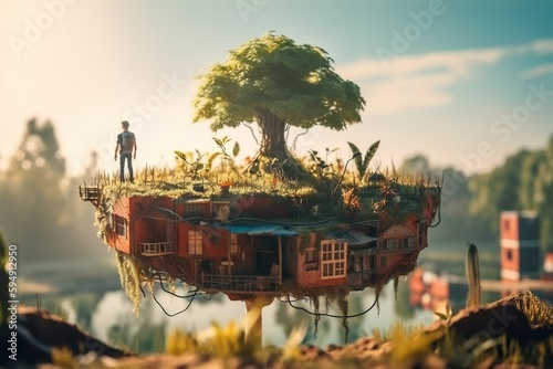 A Man Standing On Top Of A Tree In A Floating Island Oasis Environmental Art Environment Generative AI