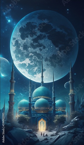 islamic nuances background with mosque and moon. Generative AI