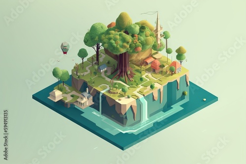A Small Island With Trees And Buildings On It Surrounded By A Lake Forest Environmental Art Environment Generative AI