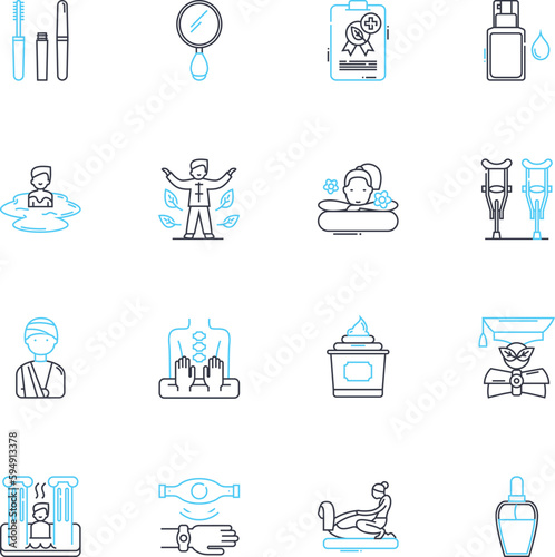 Creative arts linear icons set. Imperfection, Aesthetics, Beauty, Innovation, Originality, Expression, Skillfulness line vector and concept signs. Inspiration,Imagination,Creation outline