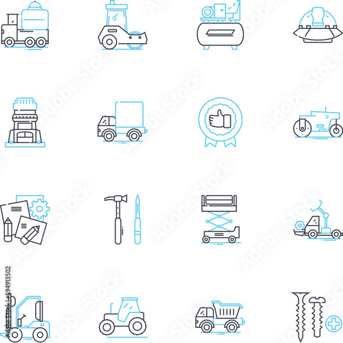 Manufacturing tools linear icons set. Automation, Cutting, Drilling, Forming, Grinding, Inspection, Lathe line vector and concept signs. Machinery,Milling,Planning outline illustrations