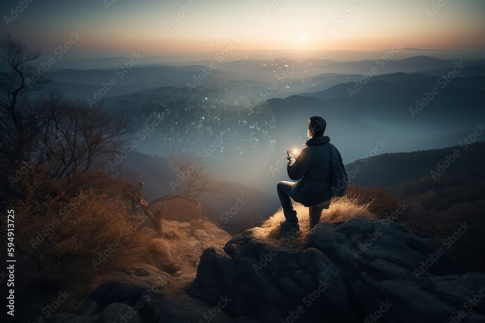 A Man Sitting On A Rock Looking At The View Of The Mountains Mountain Vista At Dusk Landscape Photography Landscape Photography Generative AI