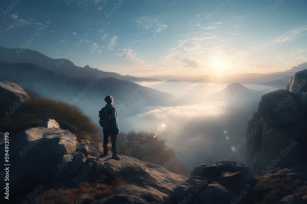 A Man Standing On A Mountain Looking At The Sun Through The Clouds Mountain Range At Sunrise Panoramic Photography Environment Generative AI