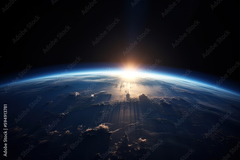 Sunrise view of the planet Earth from space with the sun setting over the horizon. Generative AI - obrazy, fototapety, plakaty 