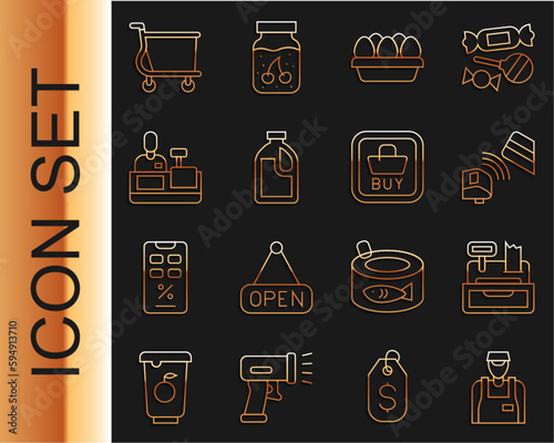 Set line Seller, Cash register machine, POS terminal with credit card, Chicken egg box, Bottle for cleaning agent, Cashier at cash, Shopping cart and Buy button icon. Vector