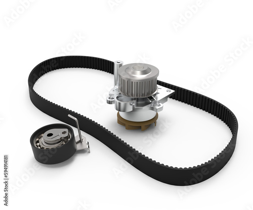 Timing belt kit with belt tensioner and water pump isolated on transparent background