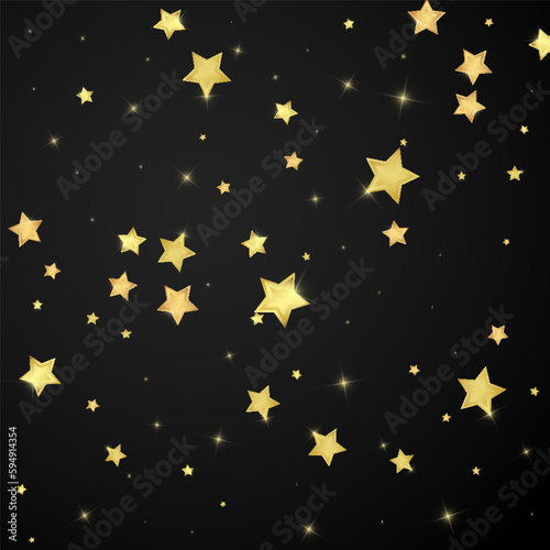Magic stars vector overlay. Gold stars scattered around randomly, falling down, floating. Chaotic dreamy childish overlay template. Magical cartoon night sky on black background.