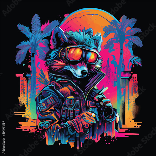 Vector illustration of a wolf in sunglasses on a background of palm trees
