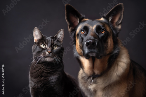 Cat and dog on a black background. Portrait of a German Shepherd.