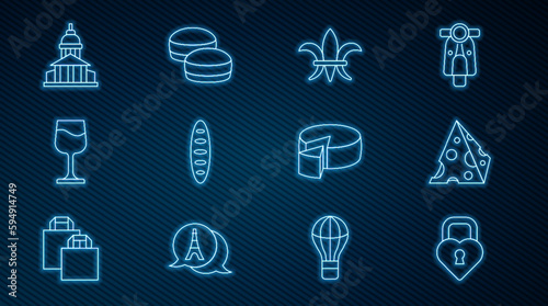 Set line Castle in the shape of heart, Cheese, Fleur De Lys, French baguette bread, Wine glass, Museum building, and Macaron cookie icon. Vector