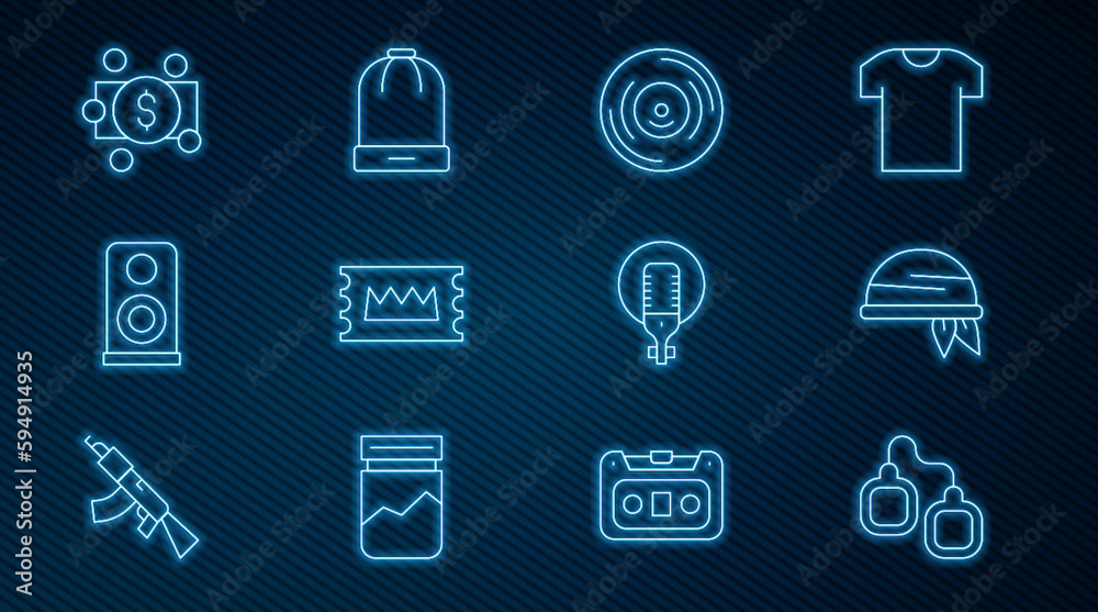 Set line Handcuffs, Bandana, Vinyl disk, Concert ticket, Stereo speaker, Stacks paper money cash, Microphone and Winter hat icon. Vector Set line Handcuffs, Bandana, Vinyl disk, Concert ticket, Stereo speaker, Stacks paper money cash, Microphone and Winter hat icon. Vector