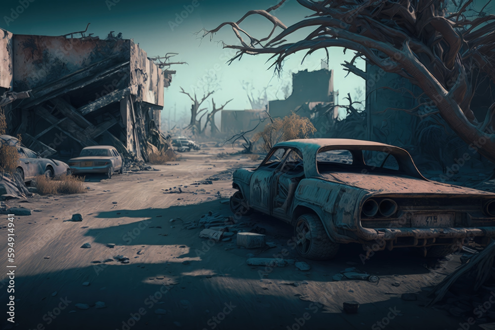 Post-apocalypse: The End of the World. Rusty car and terribly ruined landscape | Generative AI Production Post-apocalypse: The End of the World. Rusty car and terribly ruined landscape | Generative AI Production
