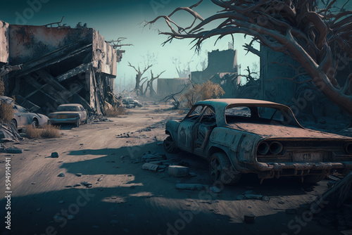 Post-apocalypse: The End of the World. Rusty car and terribly ruined landscape | Generative AI Production