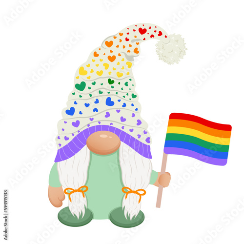 Cute gnome girl holding LGBT flag. Pride month.