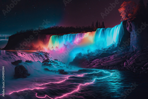 Neon waterfall. Water illuminated by multicolored light. Generative AI.