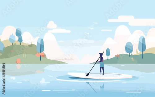 Woman stand-up paddling on a lake, with the sun setting in the background and reflections of the on a paddleboard and trees on the water. Flat vector summer watersport concept. Gadget-free vacation